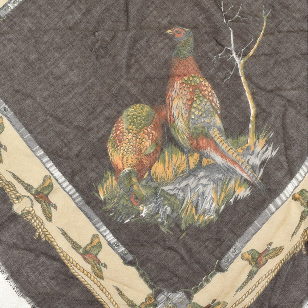 Vintage Lisa Canali Scarf Brown Cream Pheasant Game Bird Square Fringed